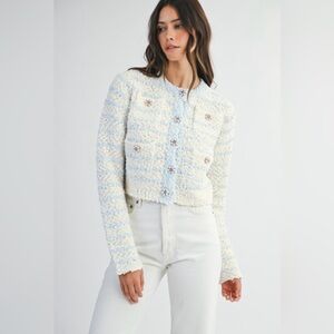 🆕🤍KNIT JEWEL 💎 BLUE + WHITE CROP CARDIGAN